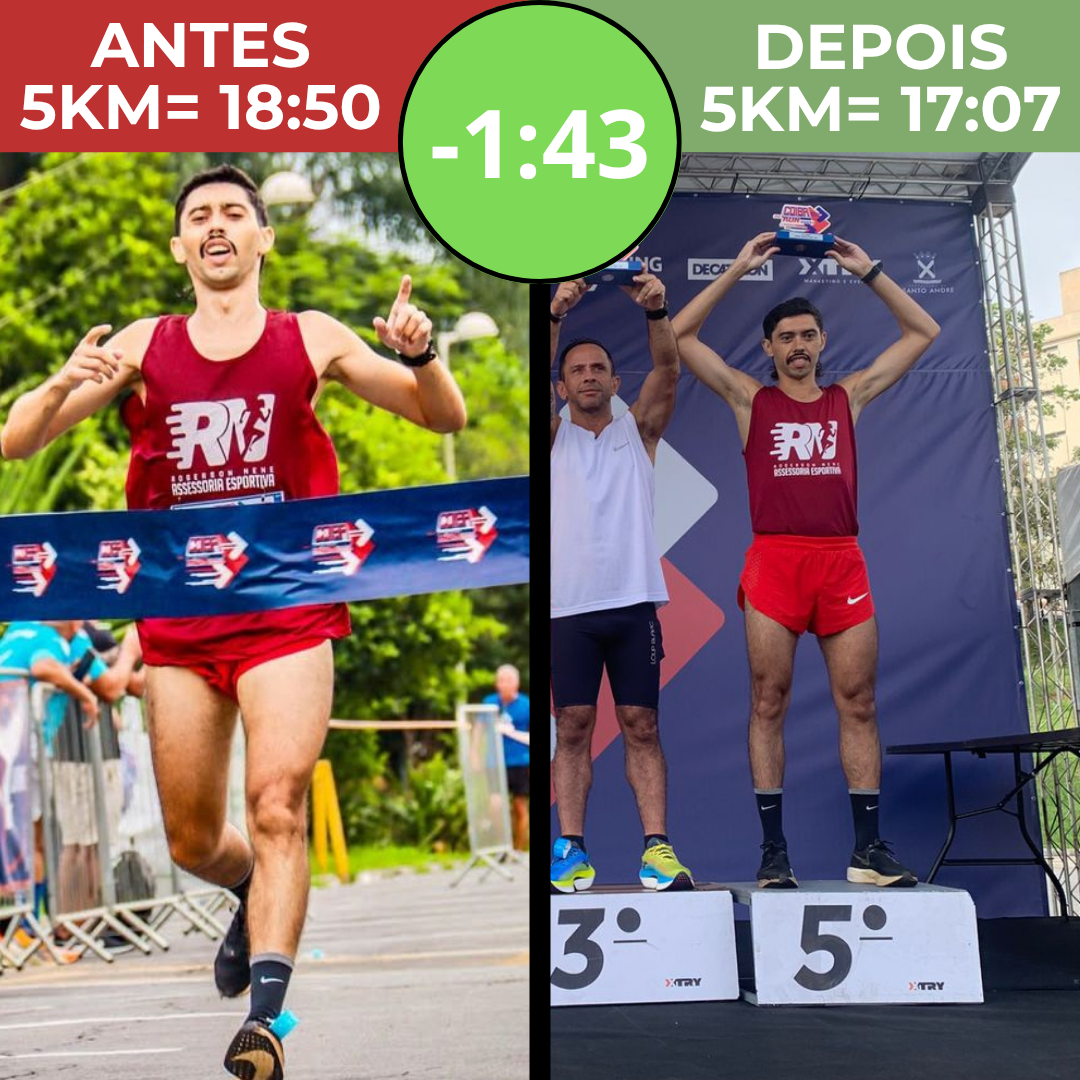 Resultado de aluno: melhora de um minuto e quarenta e três segundos nos 5 quilômetros